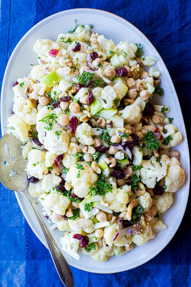 Cauliflower Salad on a plate with a serving spoon