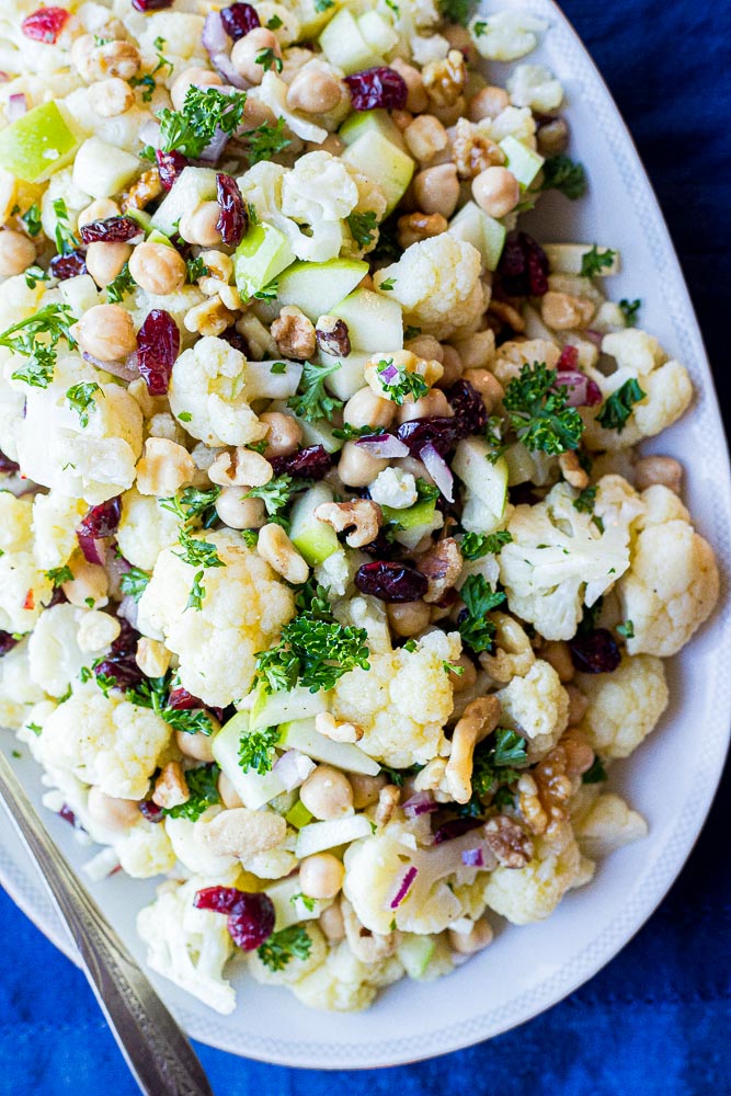 Close up of a plate of curried cauliflower salad