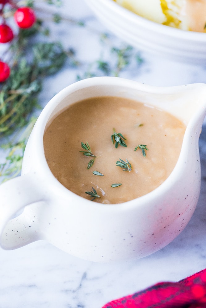 Close up of a saucer of vegan gravy