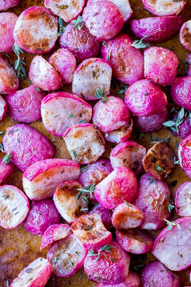 Roasted radishes on a Sheetpan with herbs
