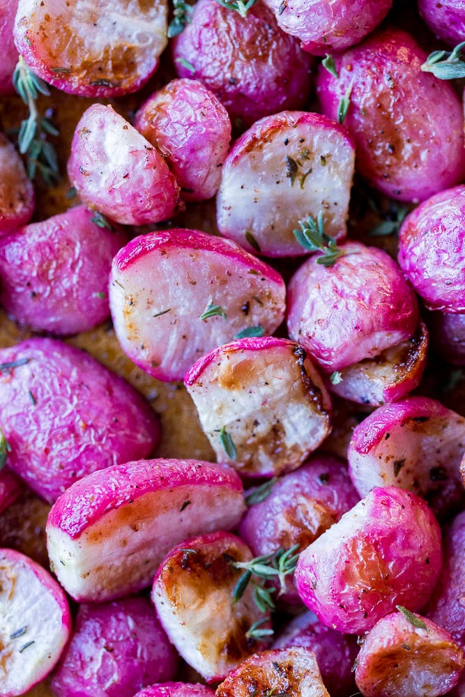 Close up of roasted radish recipe