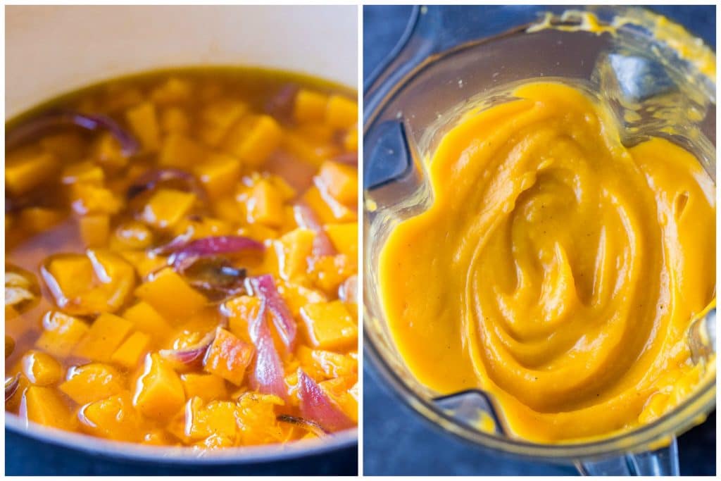 Roasted butternut squash soup recipe before and after it's blended up