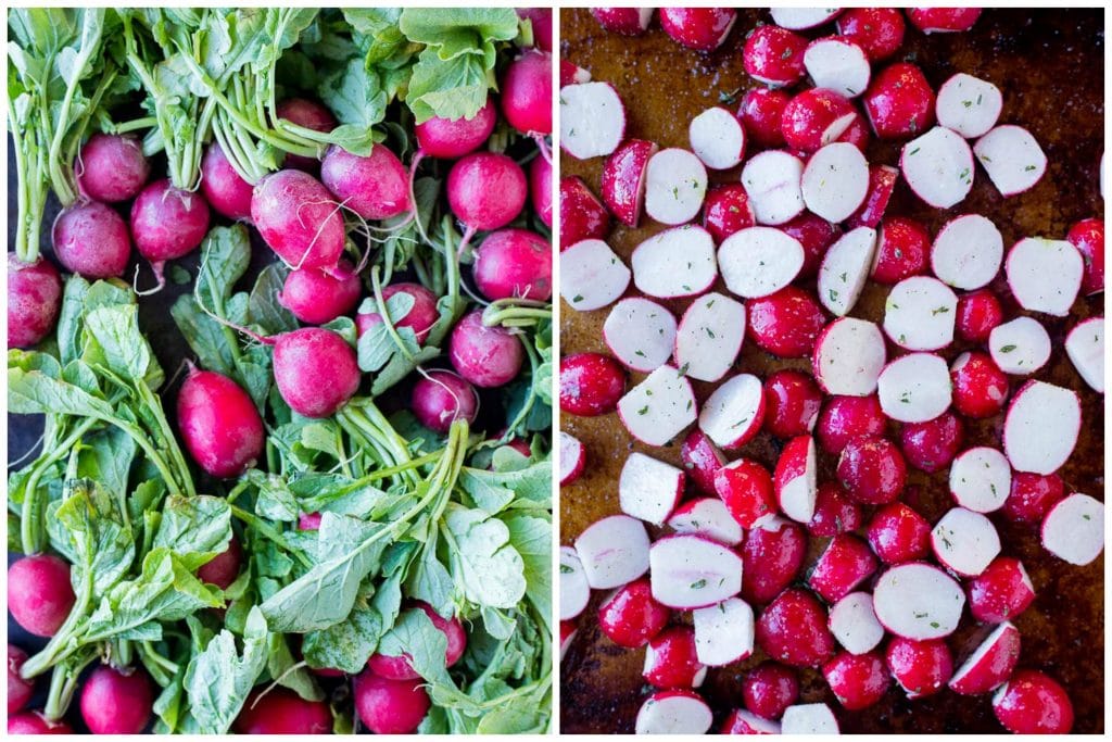 Raw radishes from the garden and radishes cut up on a sheetpan for roasting