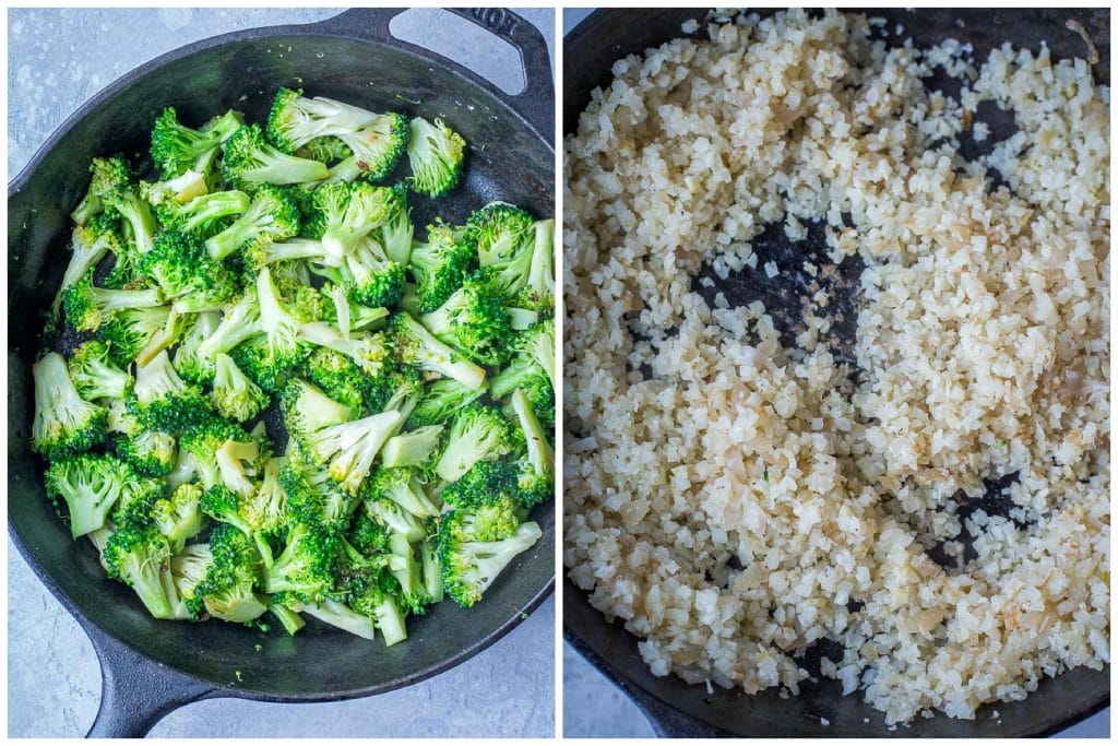Ingredients for low carb broccoli cheese casserole, broccoli and cauliflower rice