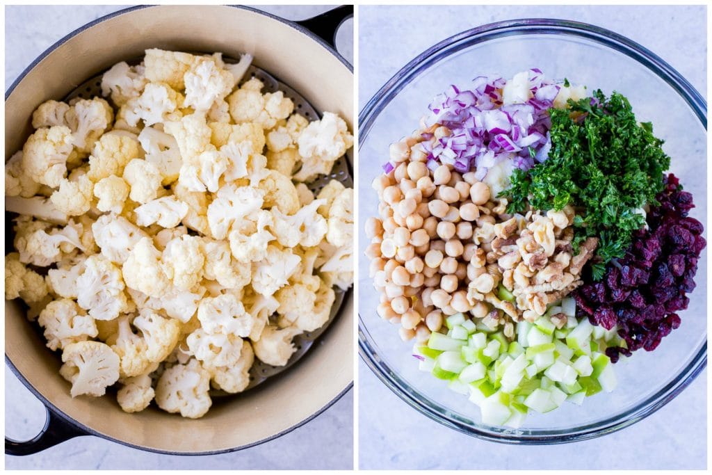 Showing how to make cauliflower salad with a steamer and ingredients in a bowl