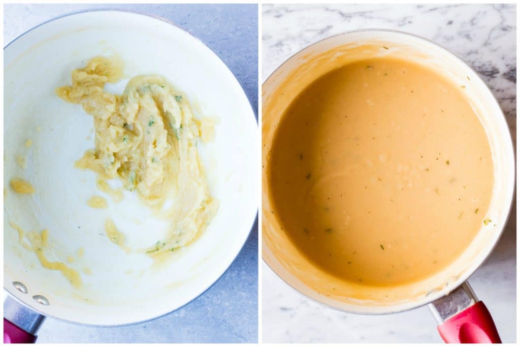 Showing how to make vegan gravy with a rue and then finished product