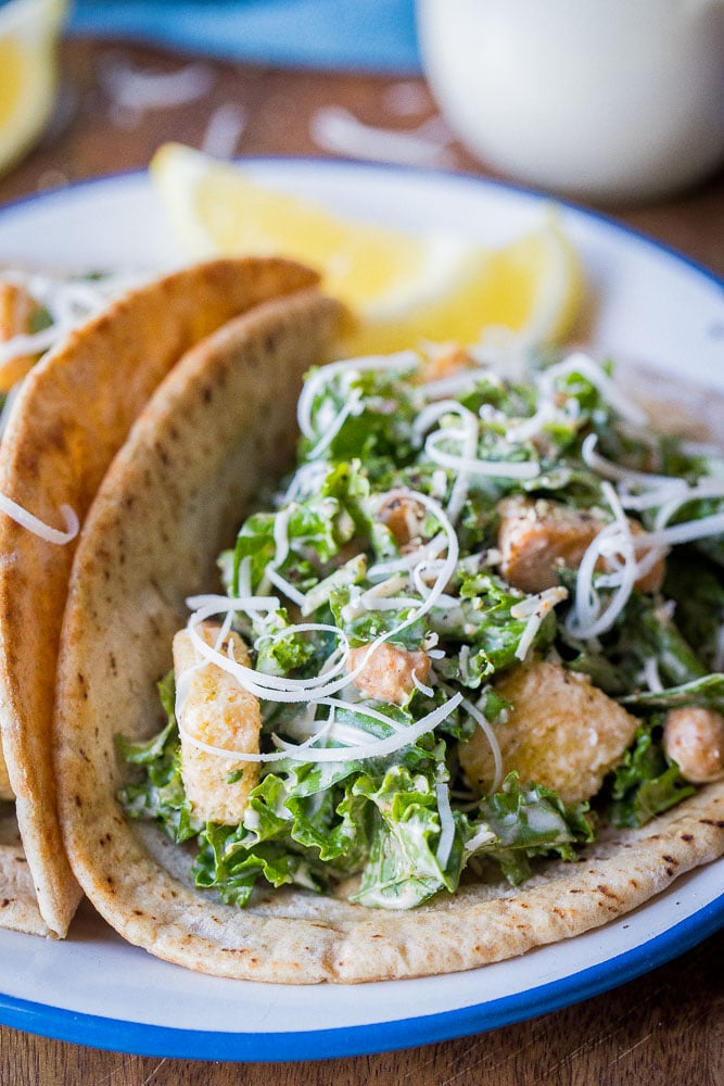 Close up of Caesar salad pitas