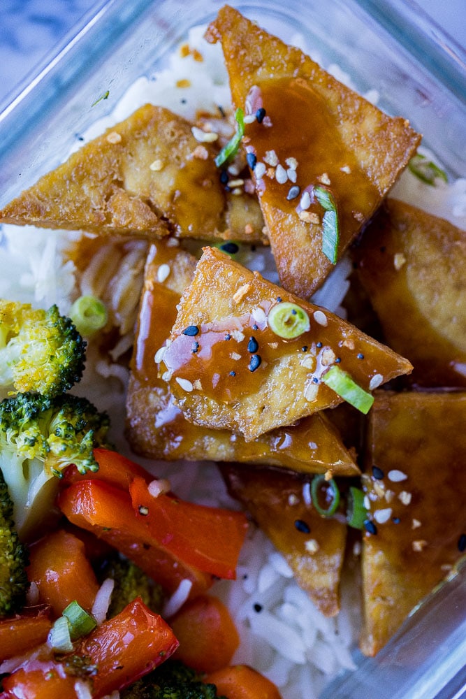 Close up of teriyaki tofu with homemade teriyaki sauce