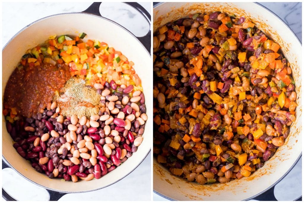 Showing how to make Chili Beans with Vegetables, before and after being cooked