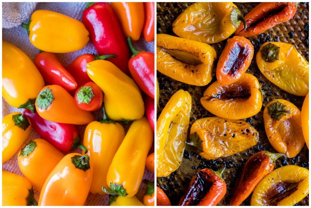 Showing before and after of how to make roasted sweet peppers
