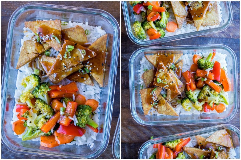 Teriyaki Tofu Bowls in meal prep containers