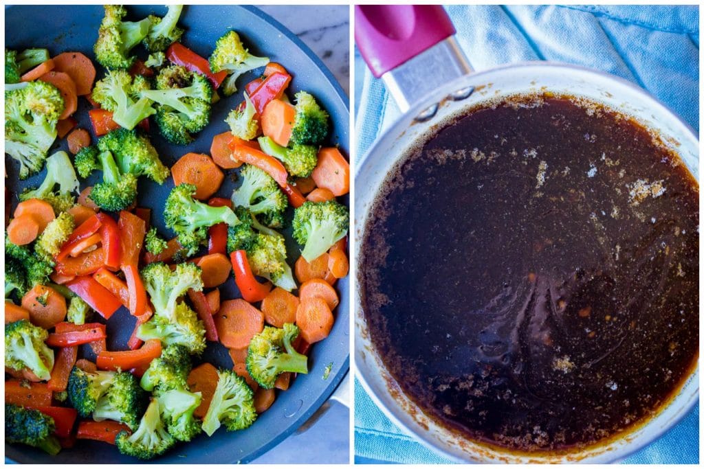 Left photo is cooked vegetables, right photo is homemade teriyaki sauce