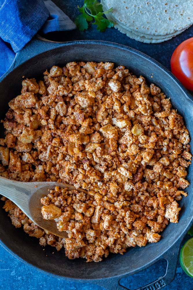 A pan full of vegan taco meat 