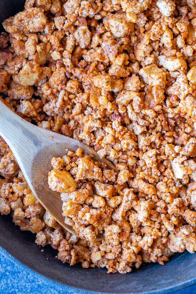 Close up of vegan taco meat with tofu and walnuts