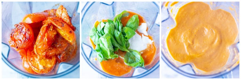 Three photos of the tomatoes being blended up to make the creamy roasted tomato soup