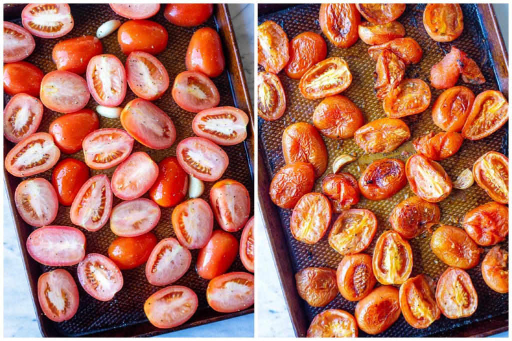 Showing how to make tomato soup with before and after photos of tomatoes roasted