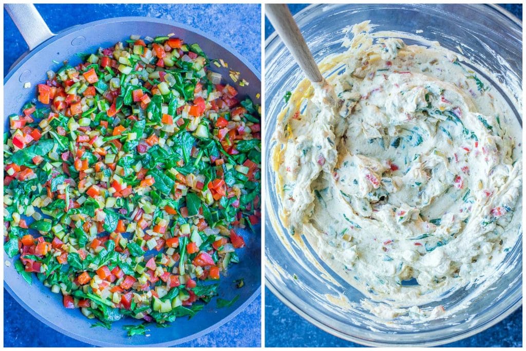 left photo of vegetables cooked and right photo of vegan ricotta cheese