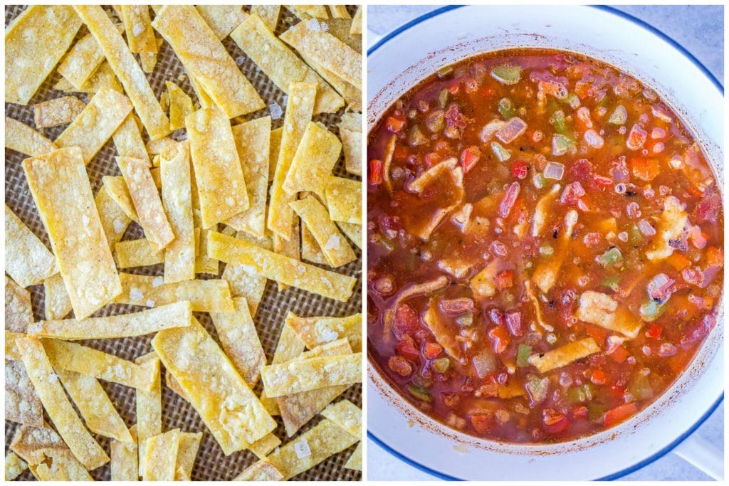 side by side photos of crispy tortilla strips and a pot of tortilla soup recipe