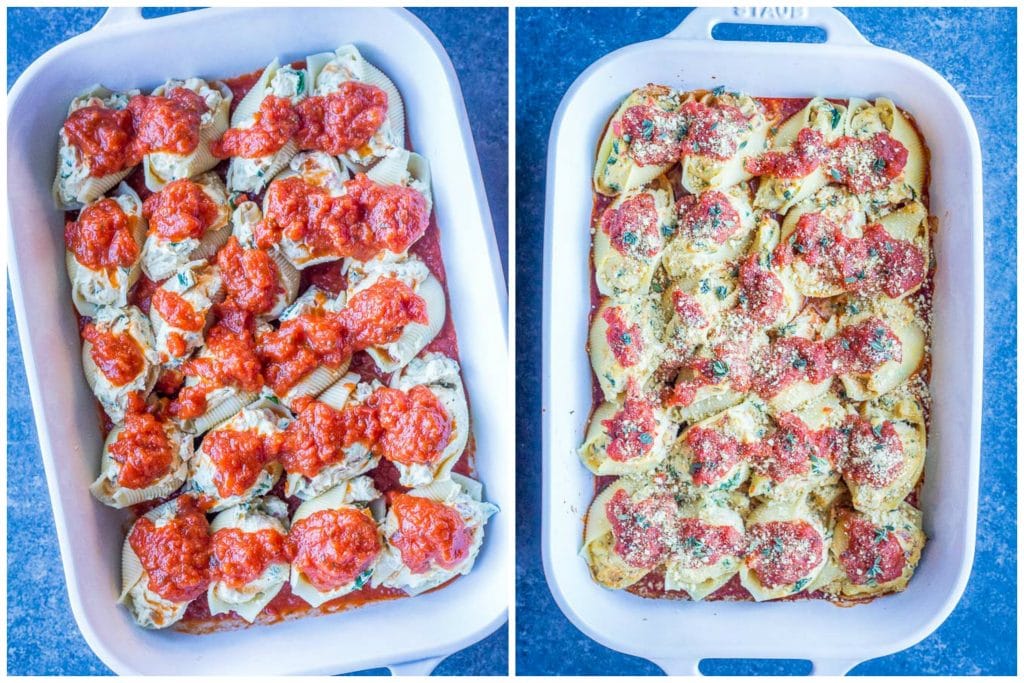 Vegan Stuffed Shells before and after being baked