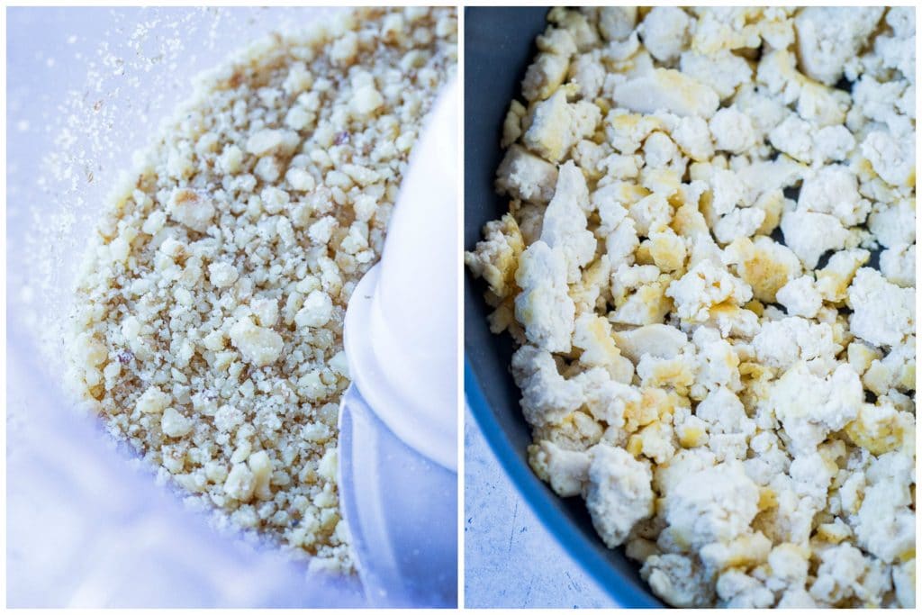 Left photo is ground walnuts and right photo is crisped up tofu in a pan
