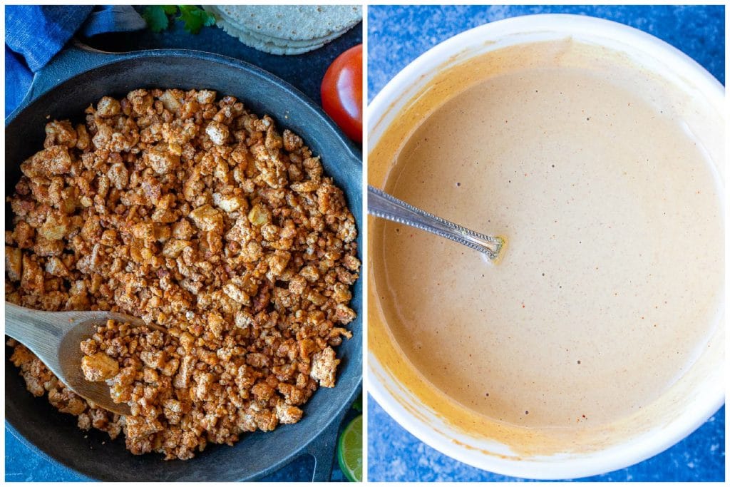 Left photo is vegan taco meat and right photo is tahini cheese sauce