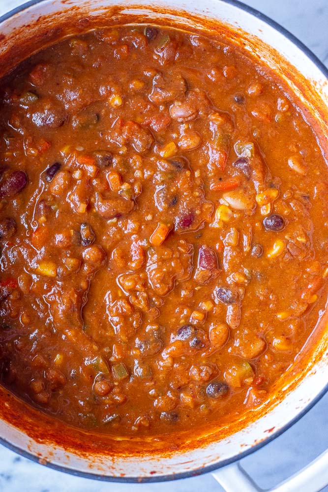 Close up of a big pot of the best chili recipe