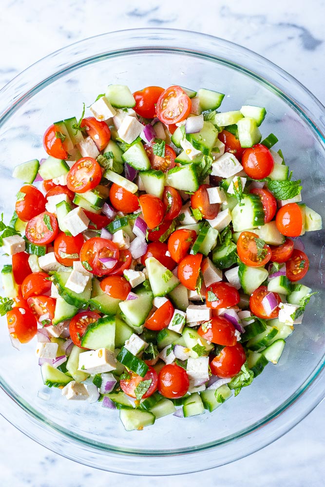 A big bowl of vegetables ready to be used in the pasta salad recipe
