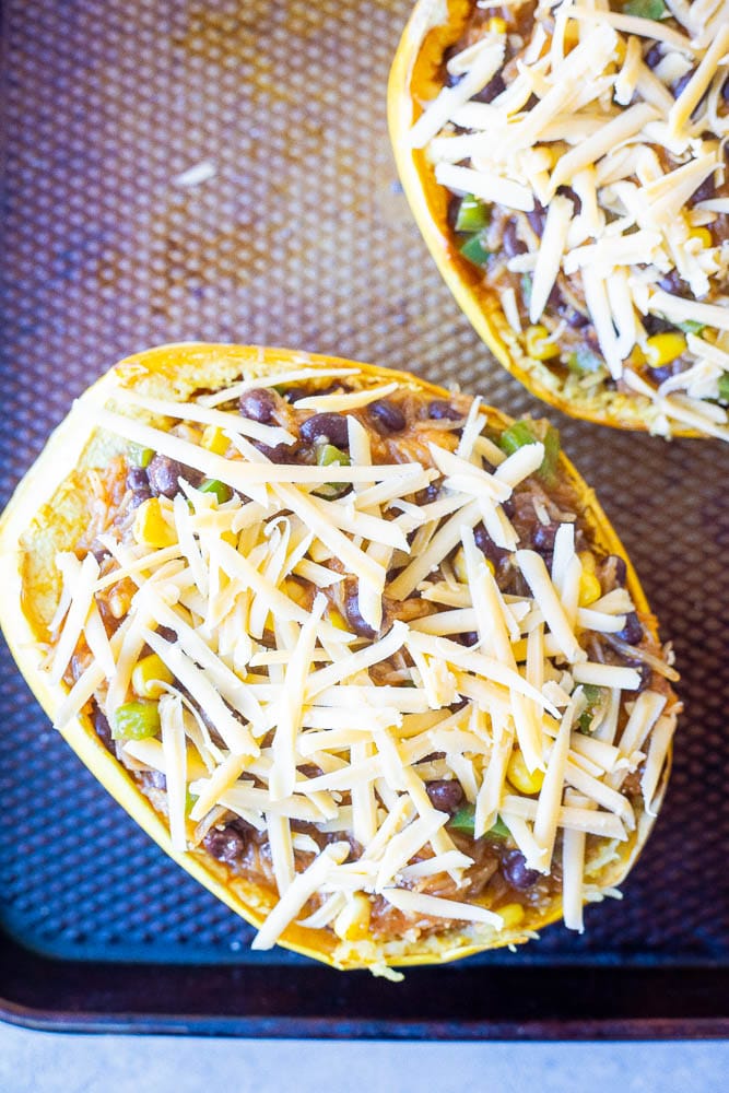 Enchilada Stuffed Spaghetti Squash ready to go into the oven