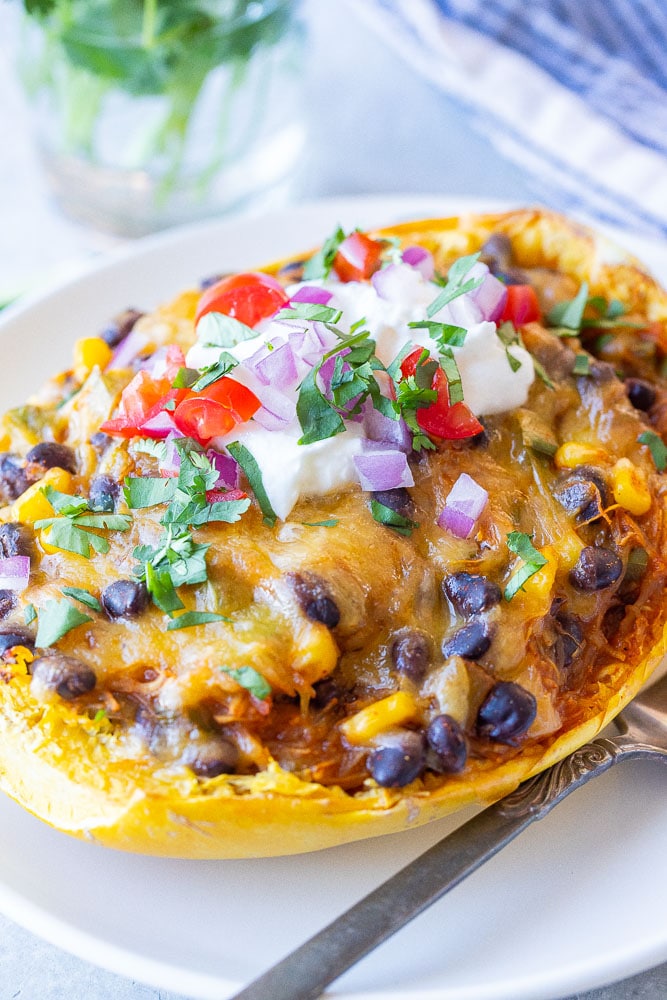 Side View of Spaghetti Squash Enchilada Boat with toppings on a plate