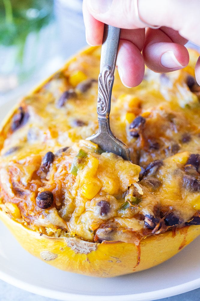 Close up of a fork taking a bite from a spaghetti squash enchilada boat