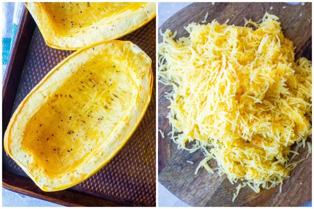 Showing how to make spaghetti squash enchilada boats with roasted spaghetti squash