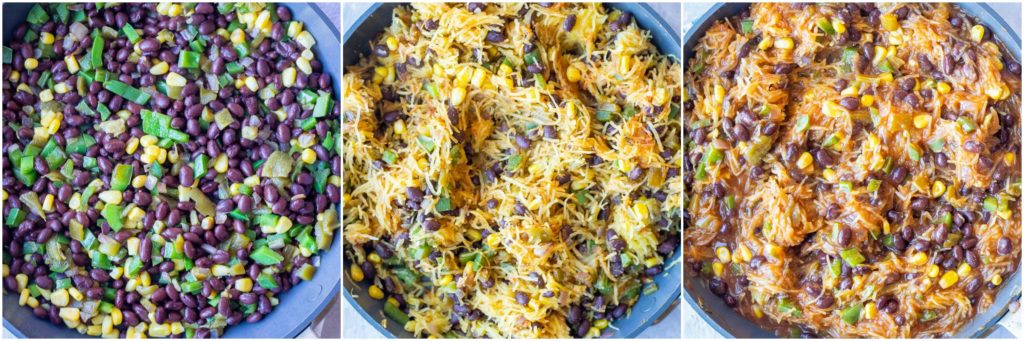 Enchilada boat ingredients cooking in a pan