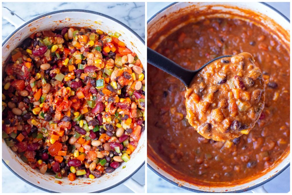 Showing how to make vegetarian chili before and after it's finished cooking