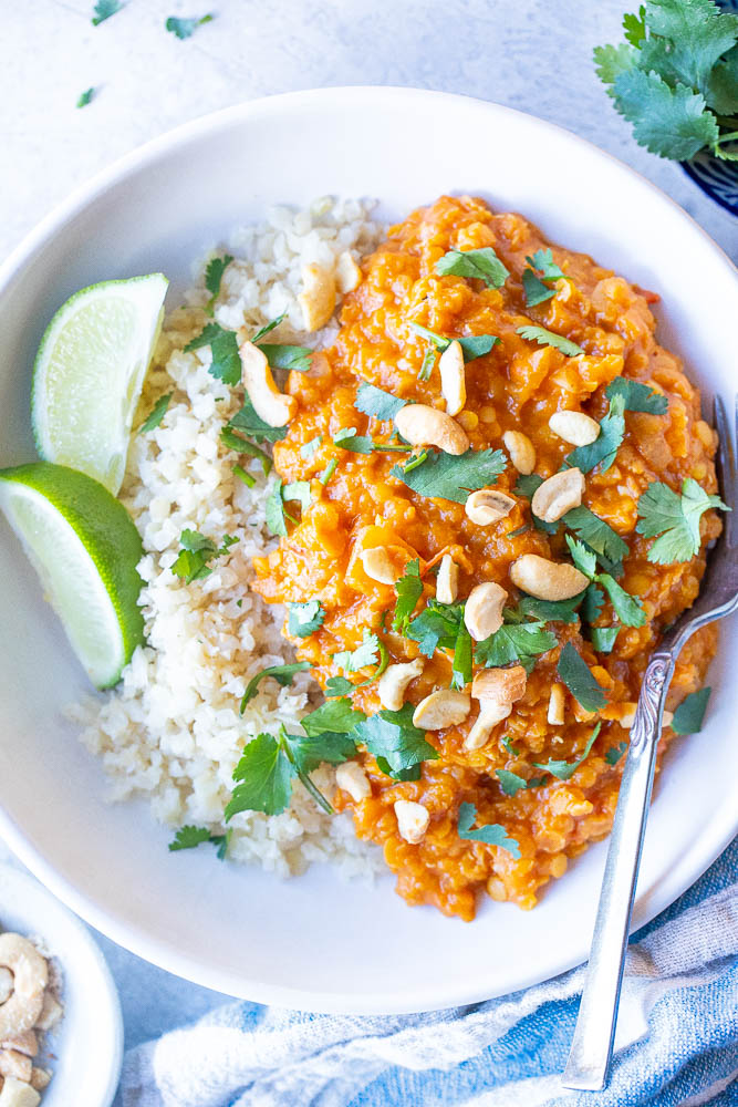 Close up bowl of Red Lentil Curry