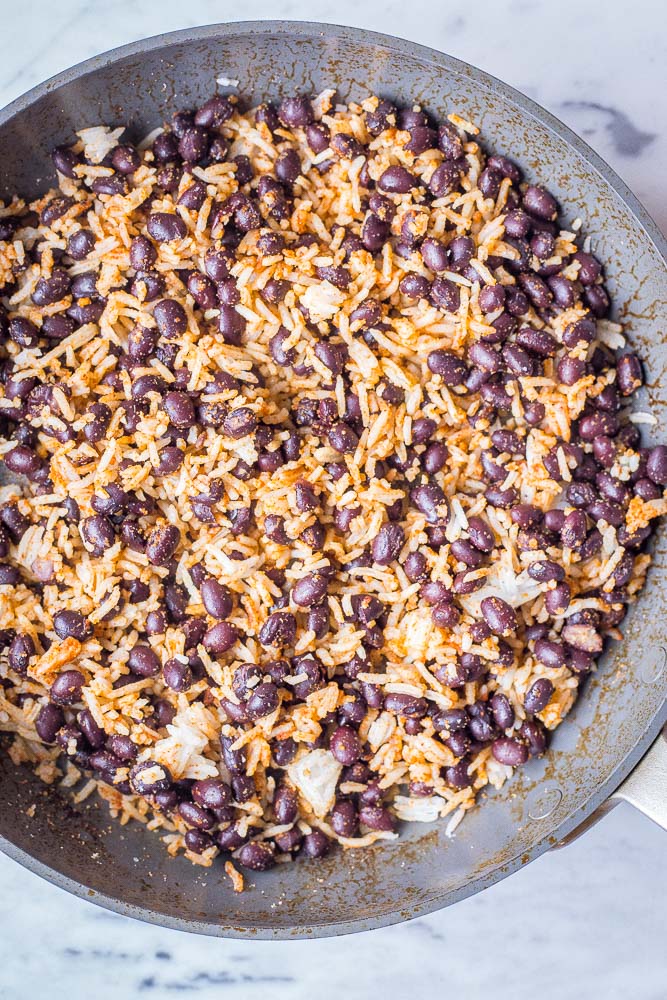A big pan of rice and beans