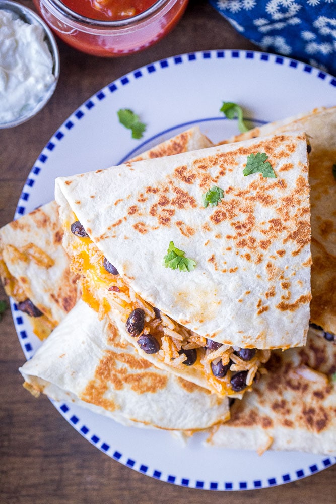 Plate of rice and bean quesadillas