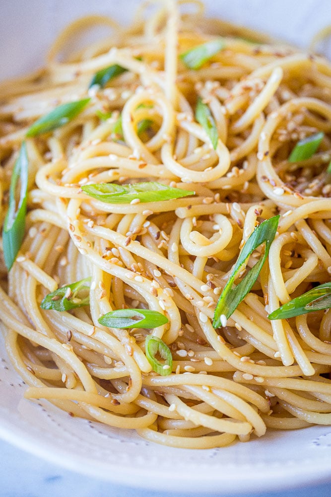 Close up of this sesame noodle recipe in a bowl
