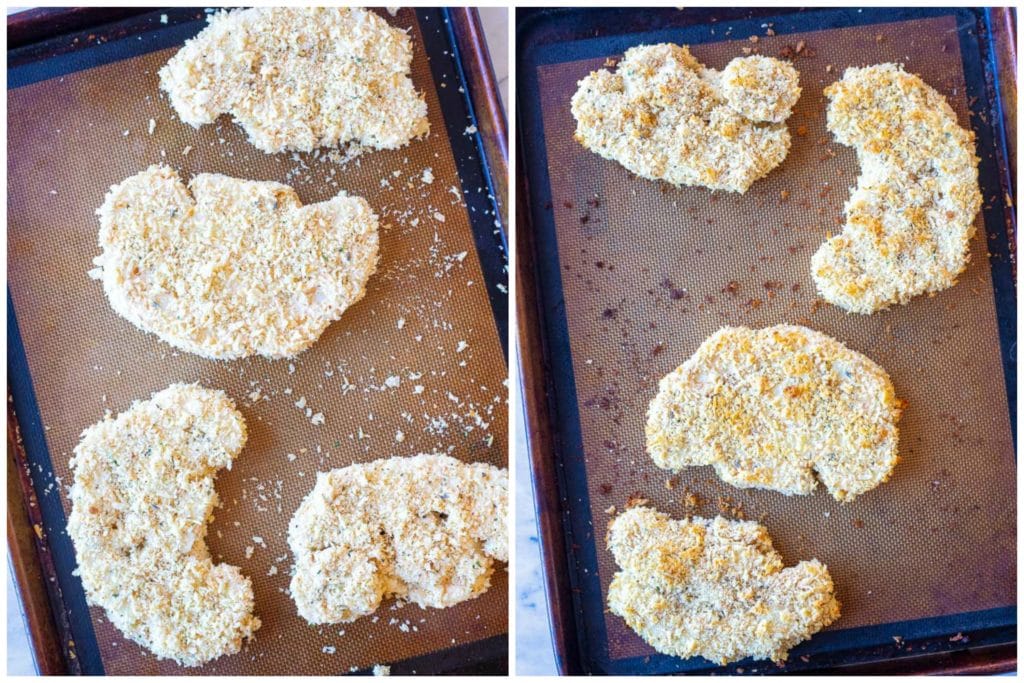 Showing how to make cauliflower parmesan before and after it has been baked