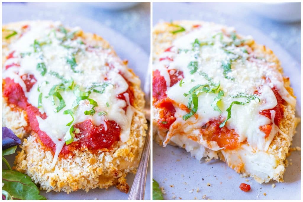 Close up of cauliflower parmesan with a bite taken out of it