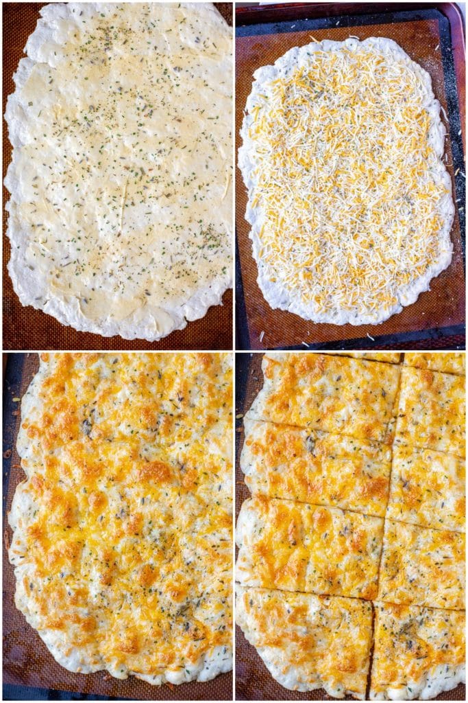 Before and after photos of garlic cheese bread cooking