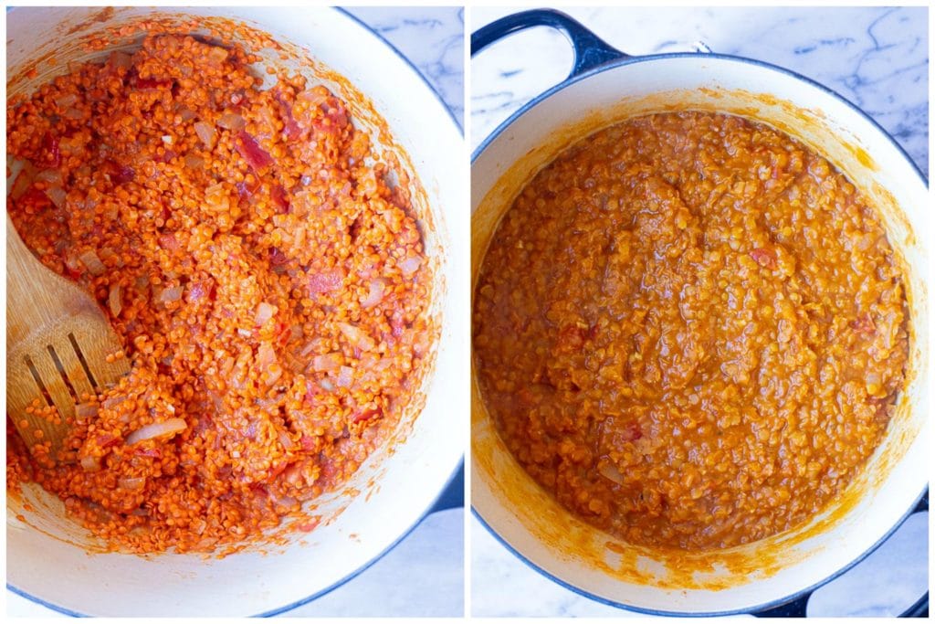 Two photos showing how to make easy red lentil curry in a pot