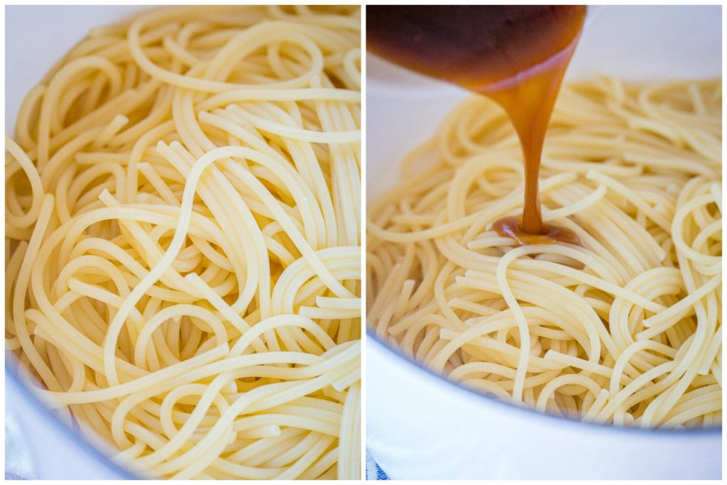 Pouring the sauce over the noodles