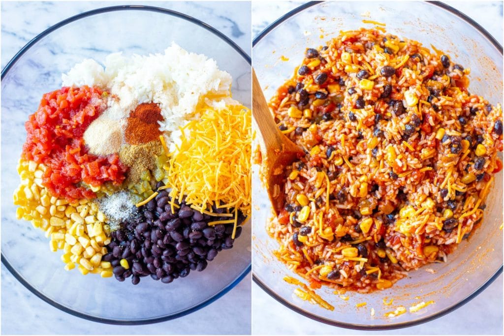 Showing how to make enchilada rice casserole with ingredients in a bowl