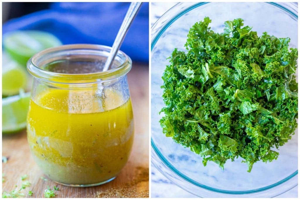 Cumin lime dressing on the left and kale on the right