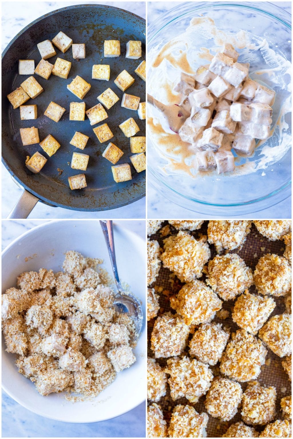 Showing how to make crispy tofu nuggets in four easy steps