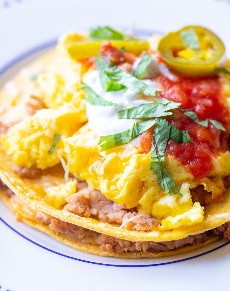 Close up view of stacked Huevos rancheros