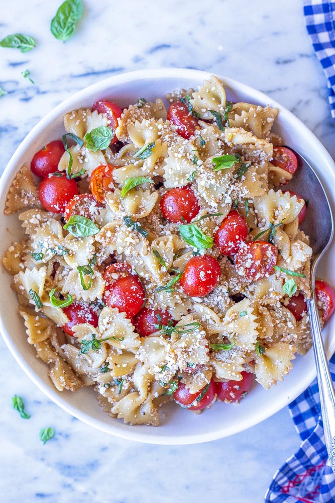 Large bowl of bruschetta pasta salad