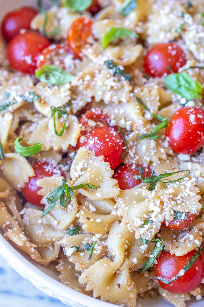 Close up of bruschetta pasta salad