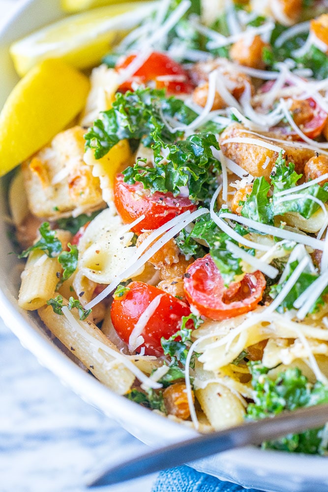 close up photo of caesar pasta salad 