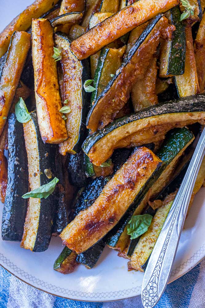 close up of a plate of roasted zucchini
